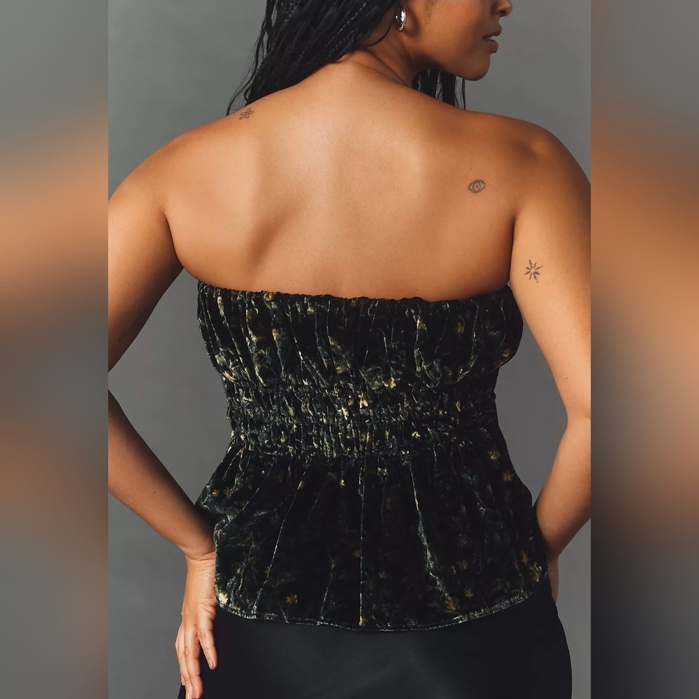 Anthropologie Somerset Green Floral Velvet Strapless Top - Picture 7 of 7